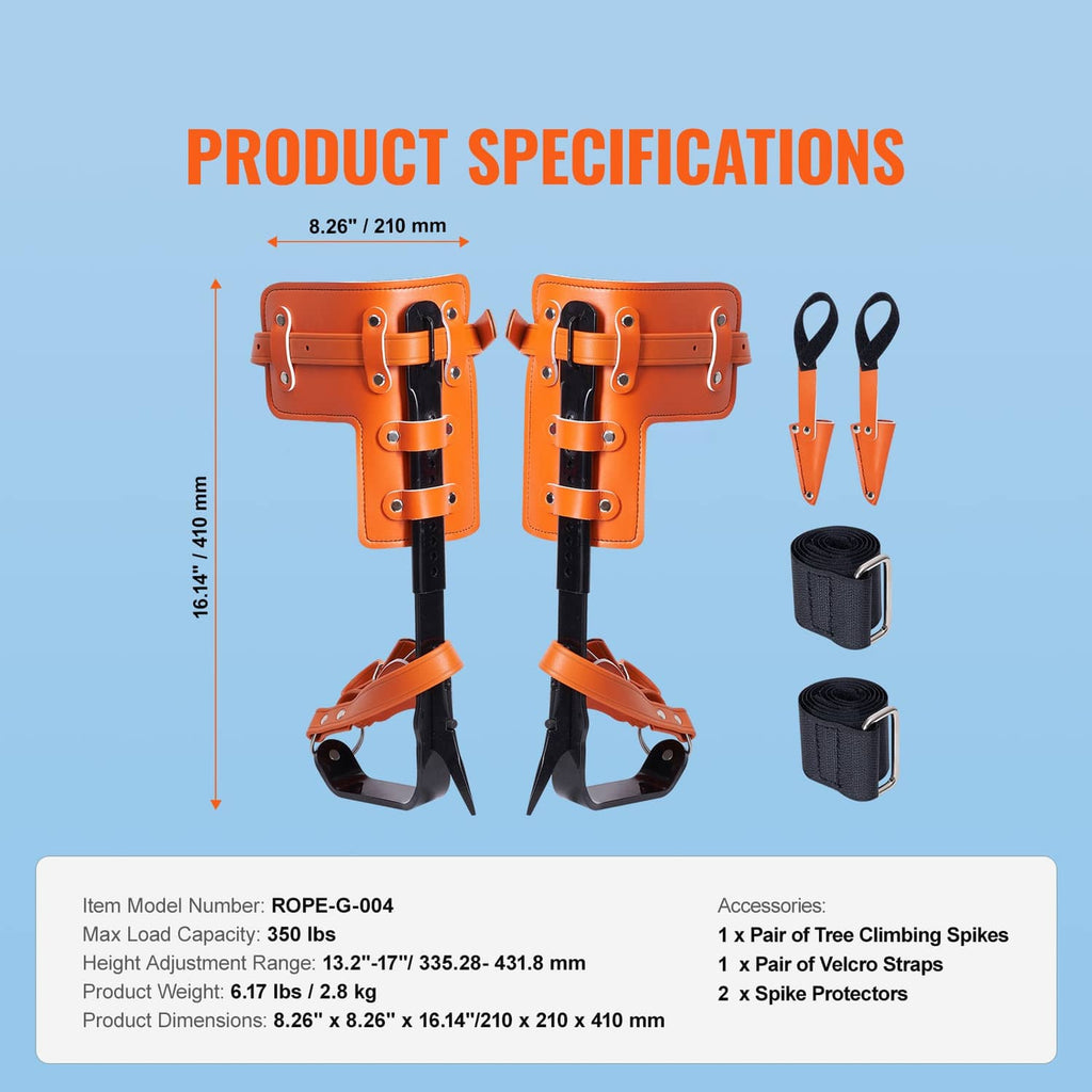 Tree-climbing spur set with orange plates, black spikes, and black webbing straps