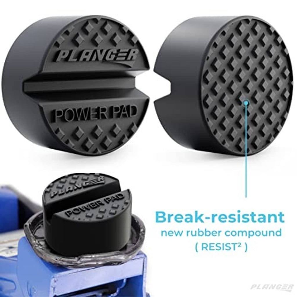 Round flat rubber jack pad, textured top and side grooves, POWER PAD embossed