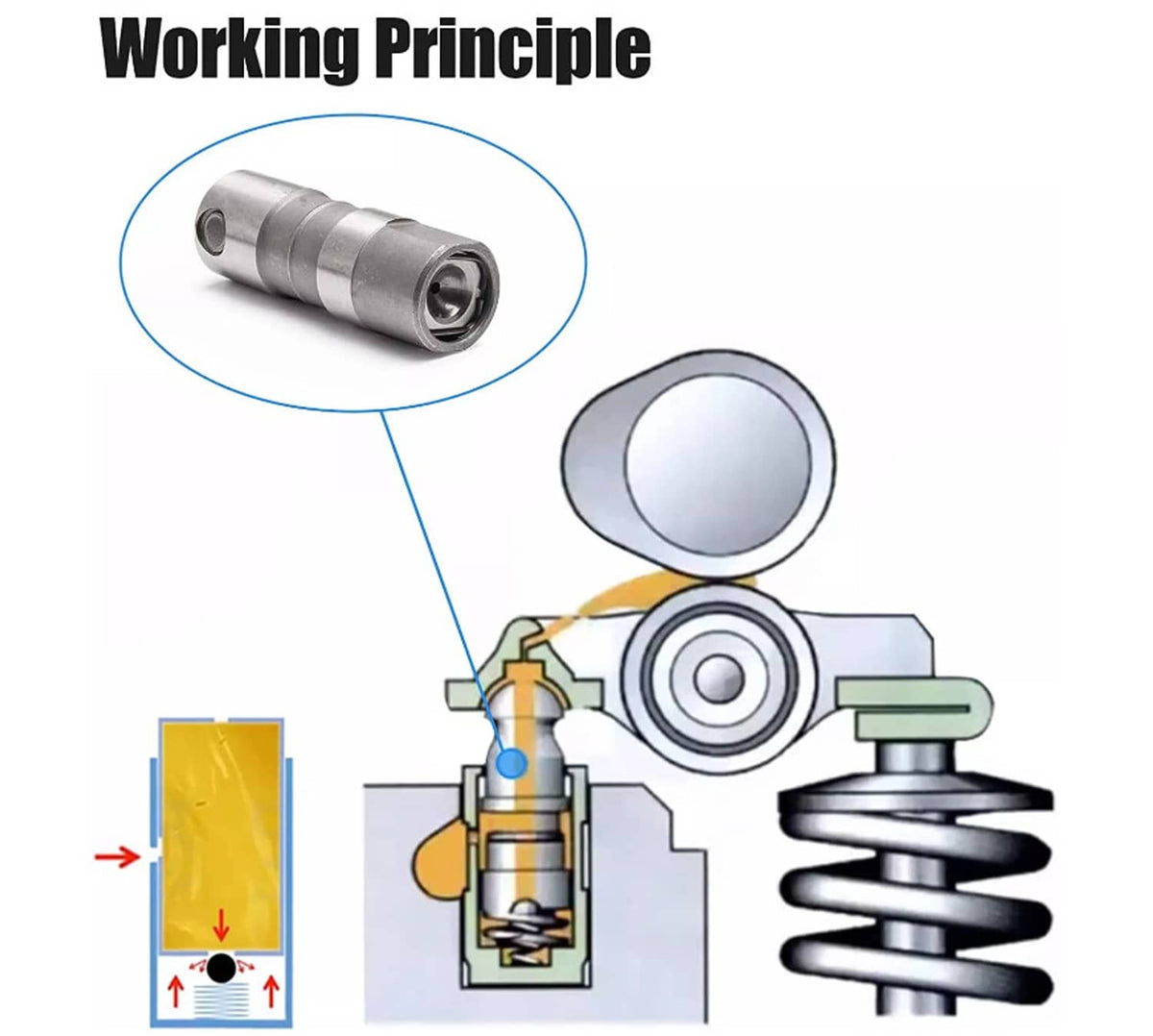 Illustrated hydraulic valve lifter with internal parts and seal, hex-end steel body