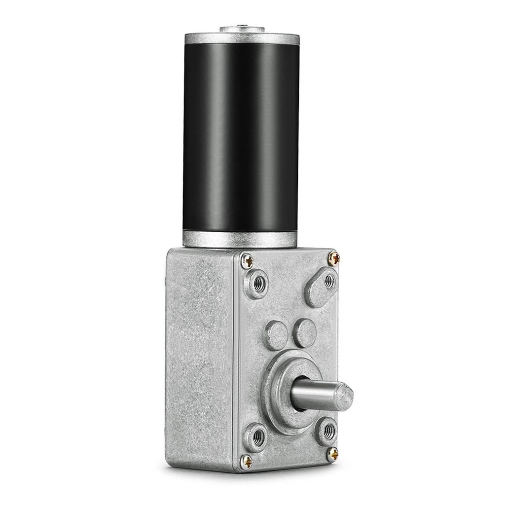 DC worm gear motor with silver gear housing, mounting holes, and black cylindrical body