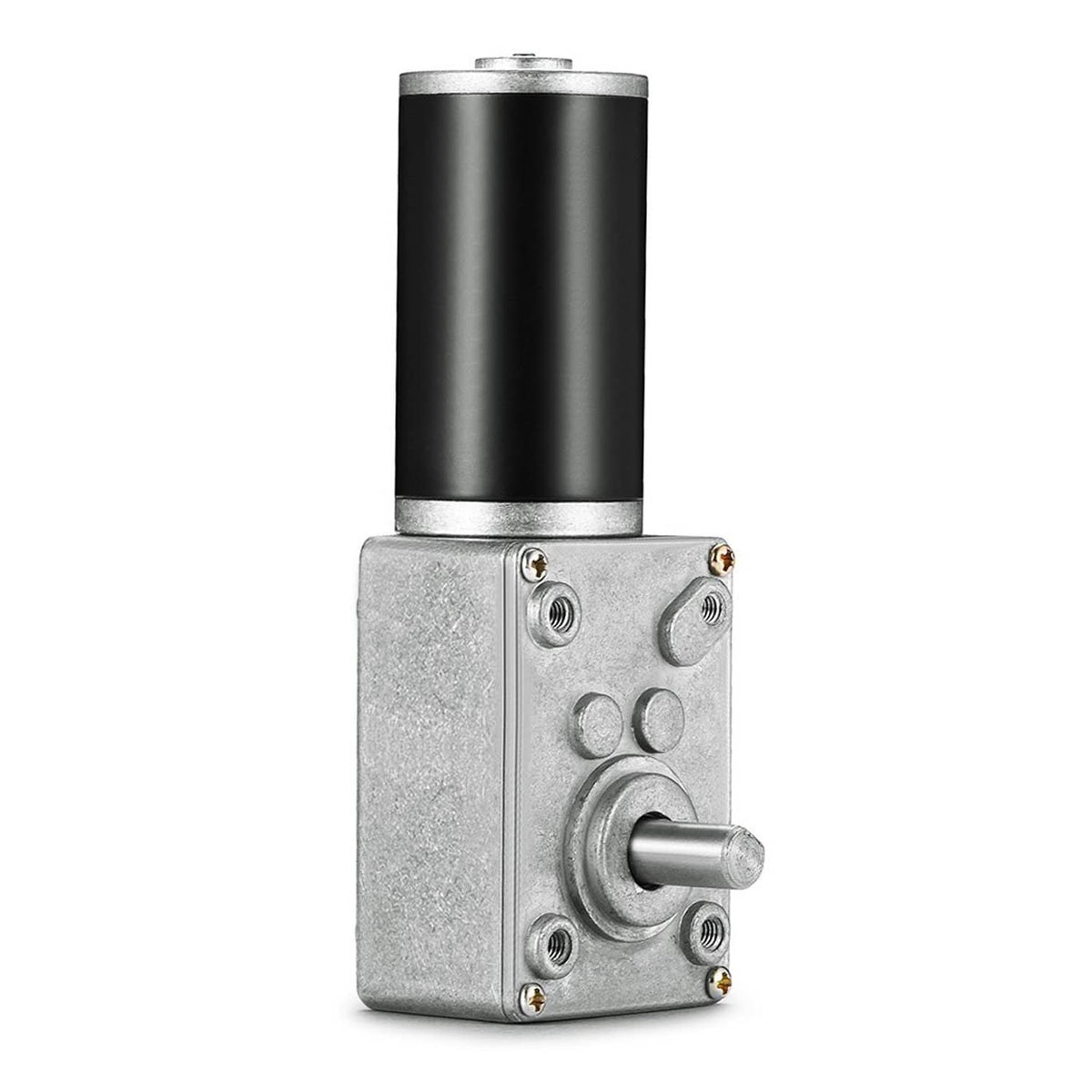 DC worm gear motor with silver gear housing, mounting holes, and black cylindrical body