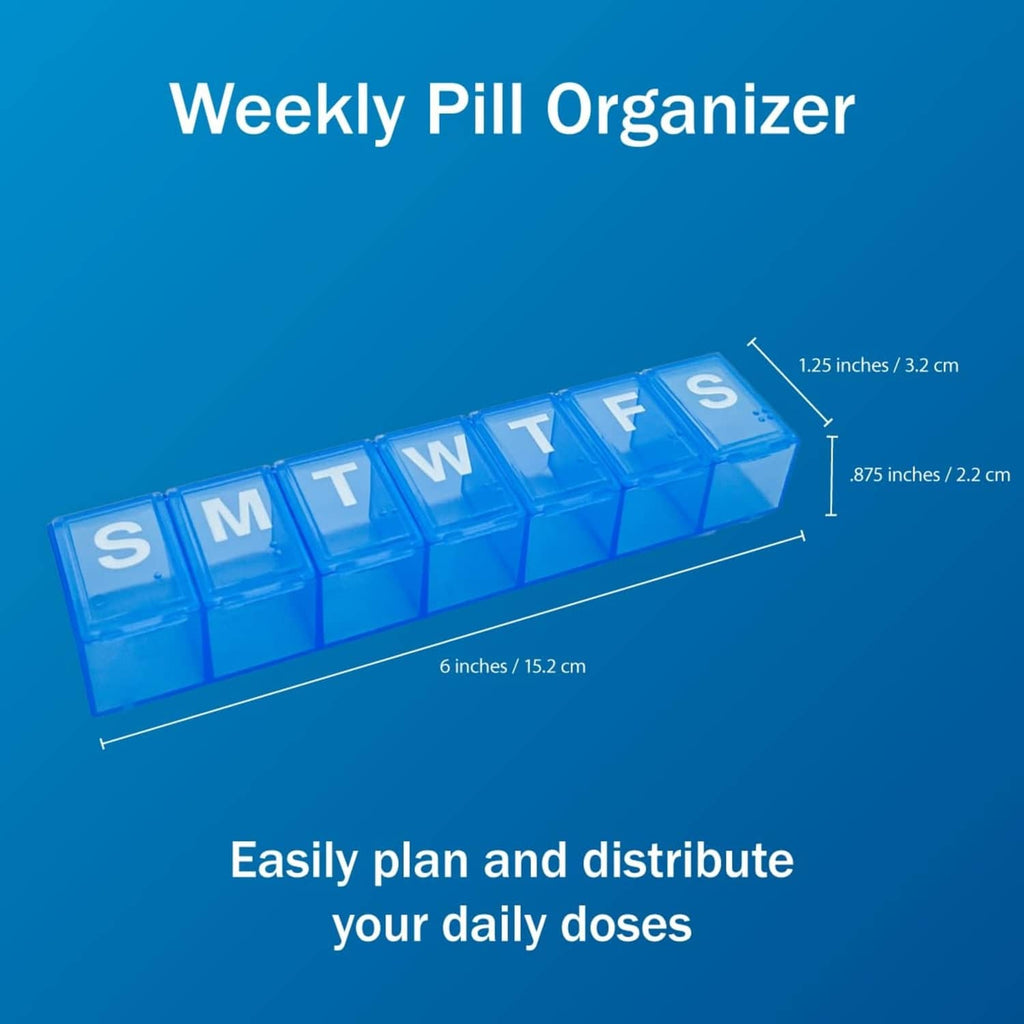 Blue weekly pill organizer with clear day compartments labeled S, M, T, W, T, F