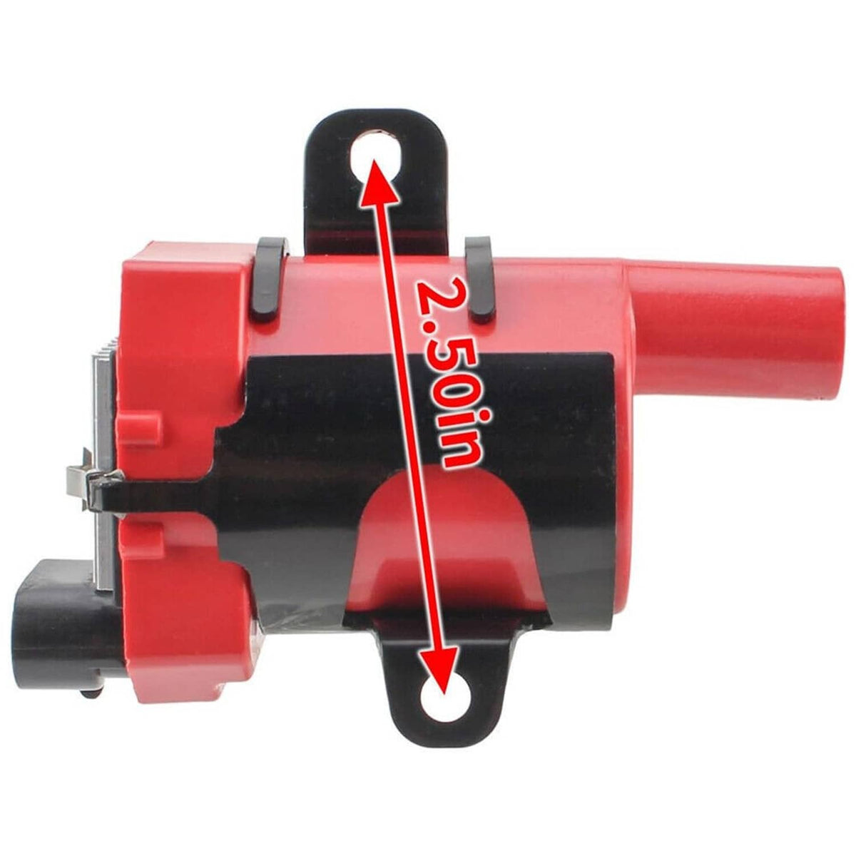 Red ignition coil module with black label panel and mounting bracket, end view.