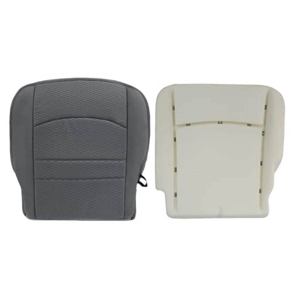 Gray cloth seat cover with foam cushion for driver-side bottom, front and side view.