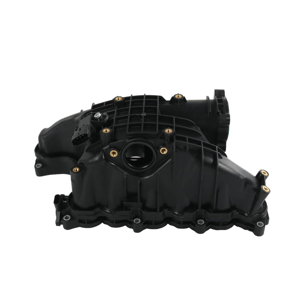 Black intake manifold assembly front view with central round opening and ribs