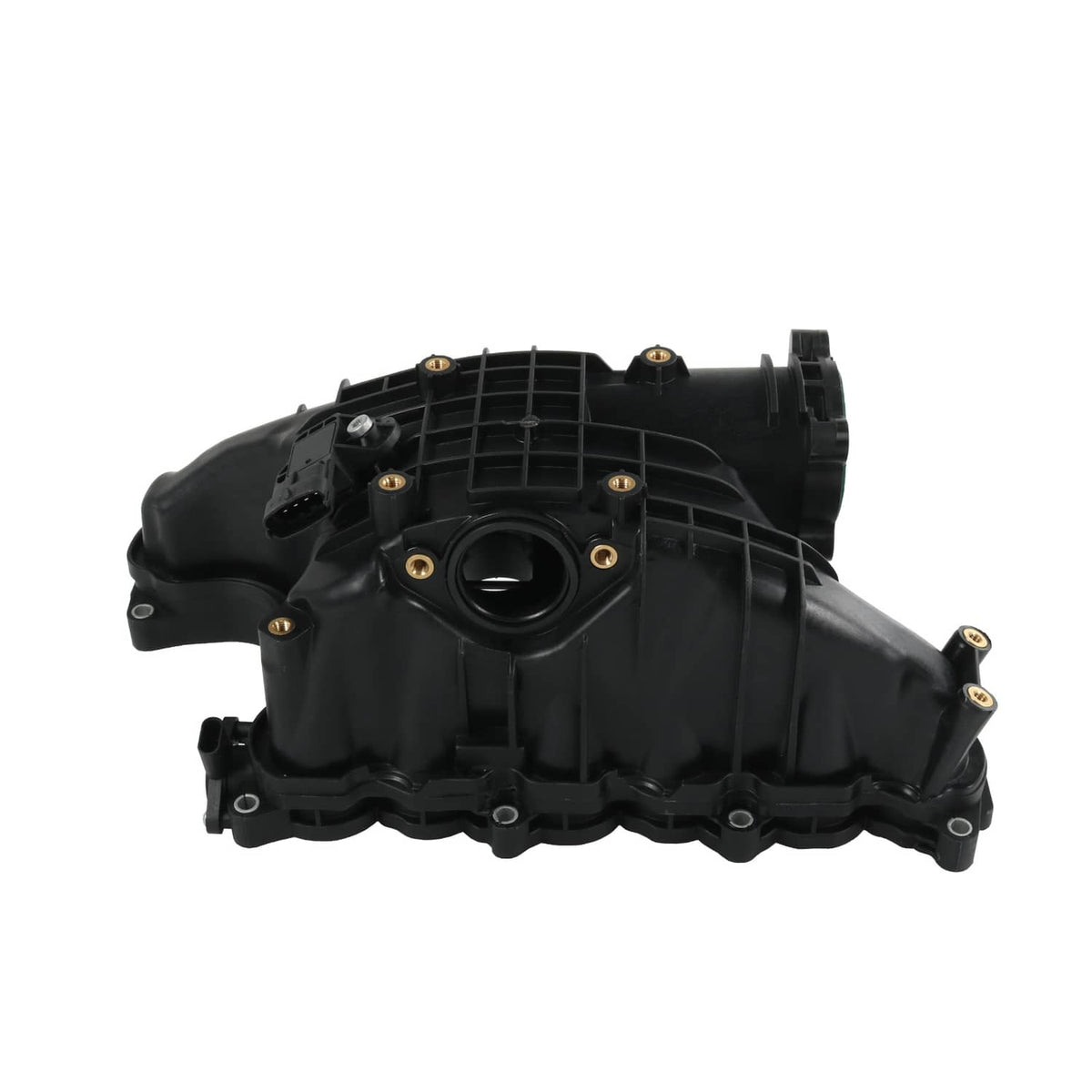 Black intake manifold assembly front view with central round opening and ribs