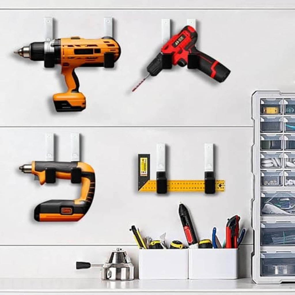 Steel garage hooks set with black PVC grips, mounted with metal wall plates