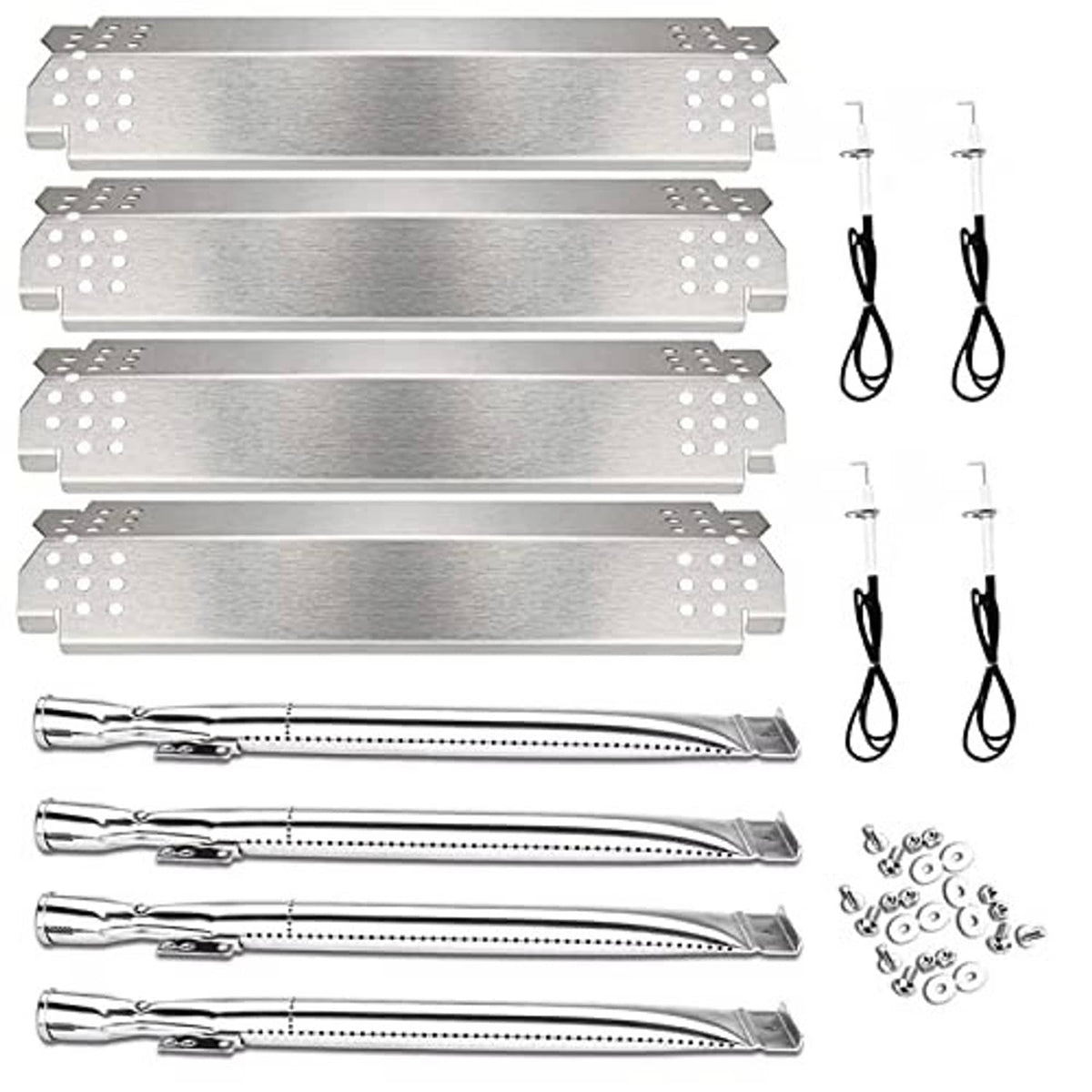 Stainless steel grill burner tubes and heat plates with igniter wires and hardware