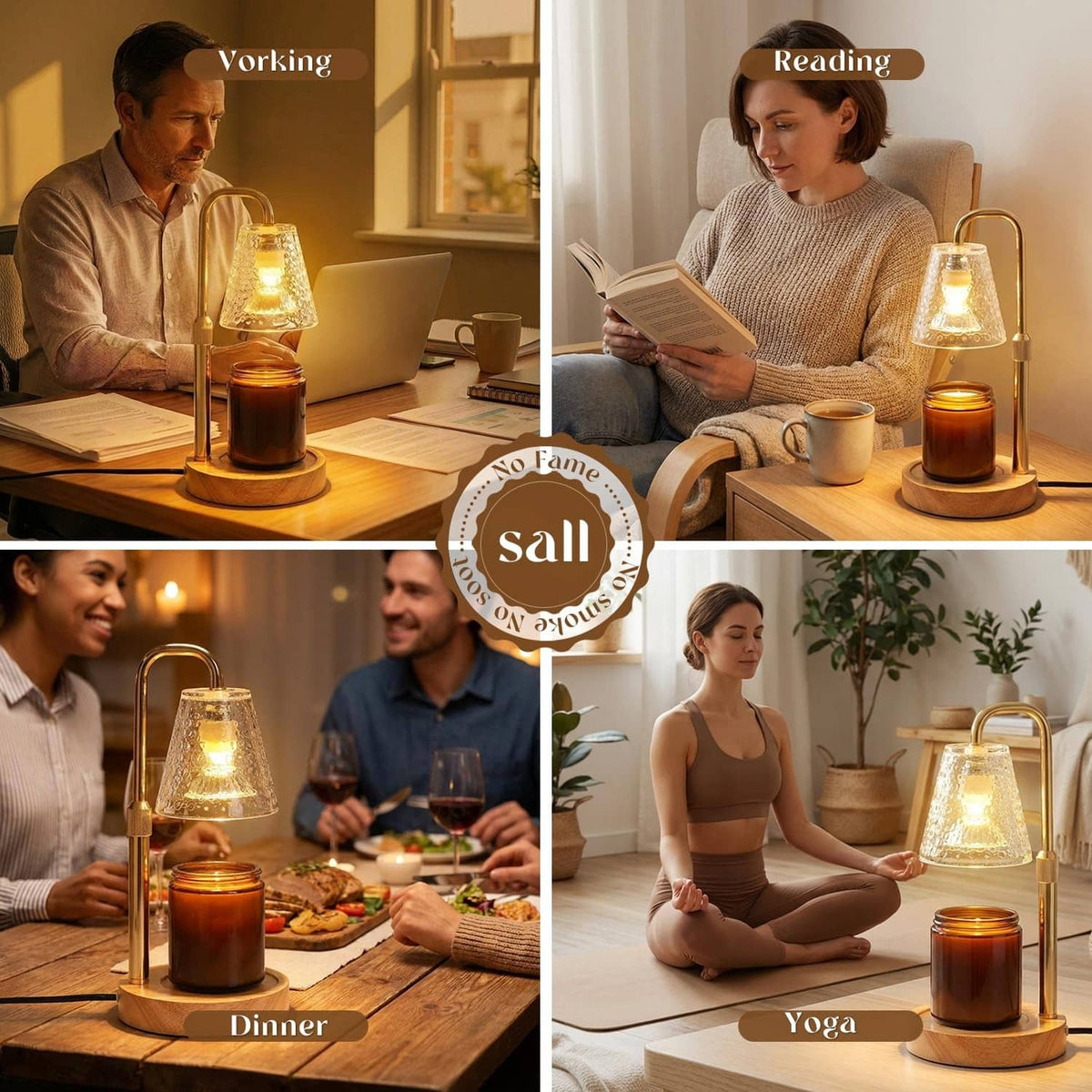Candle warmer lamp with gold frame and clear glass shade on wooden base