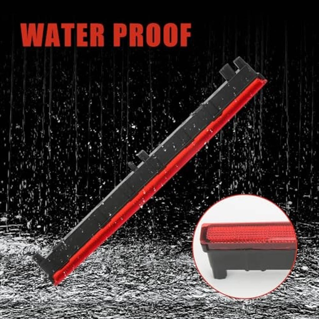 Waterproof third brake light with red lens, sealed black housing, angled side view