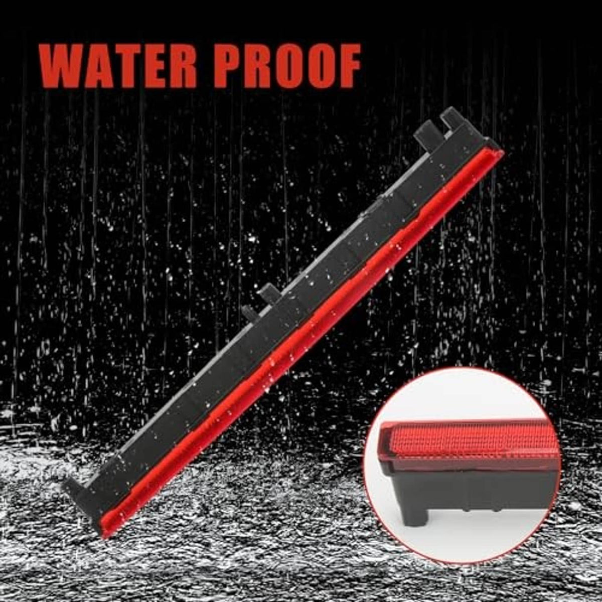 Waterproof third brake light with red lens, sealed black housing, angled side view