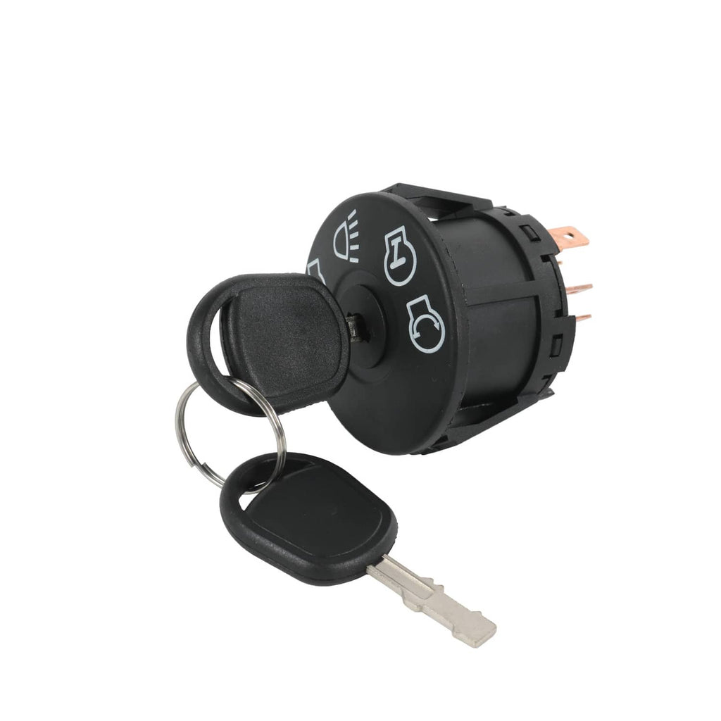 Ignition starter switch with keyring, keys, and black round control dial with icons