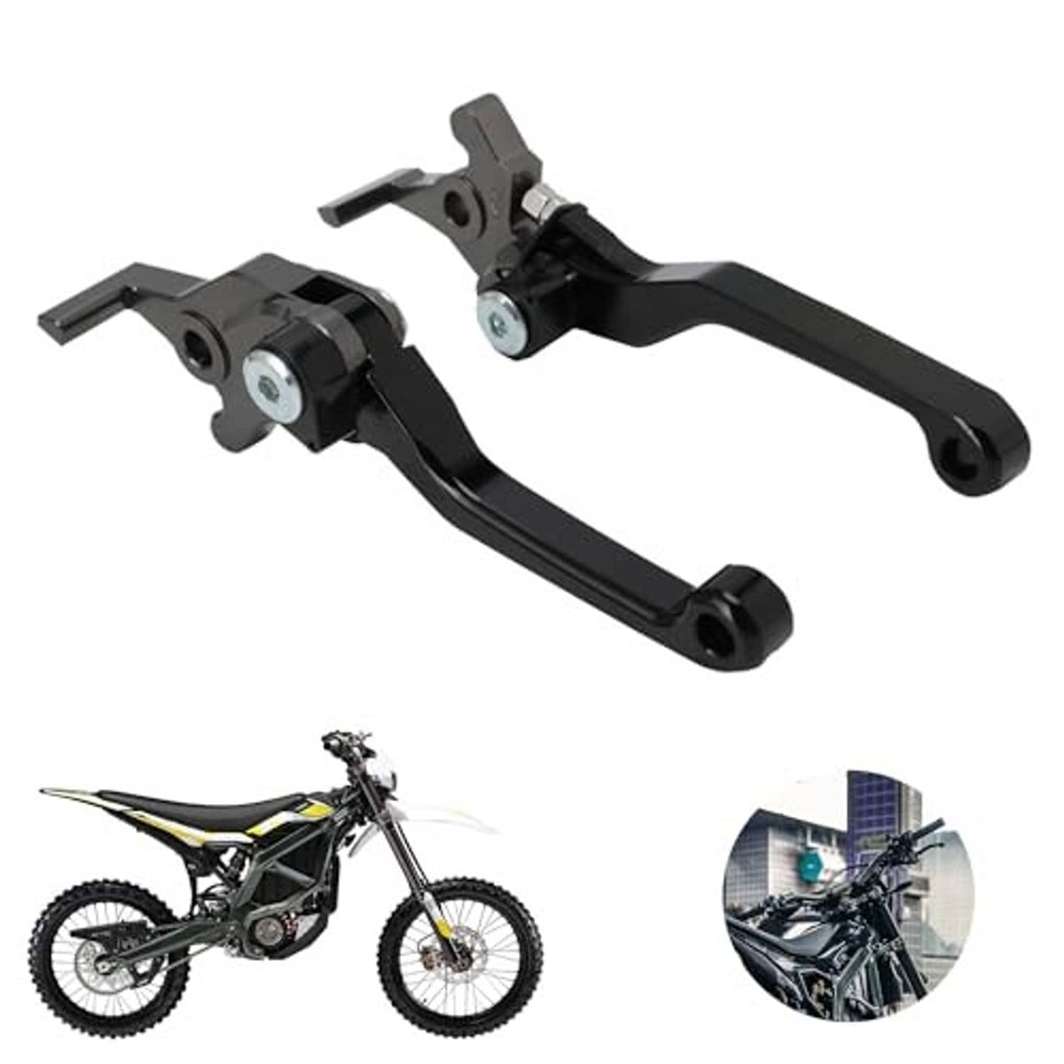 Black adjustable CNC brake levers with safety lever arms and pivot hardware