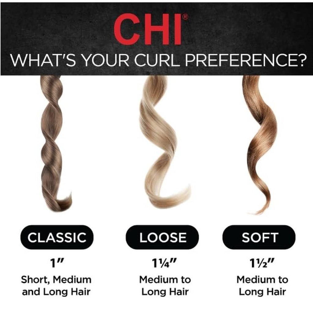 Curl size guide for rotating ceramic barrel: 1–1.5 inch classic, loose, soft