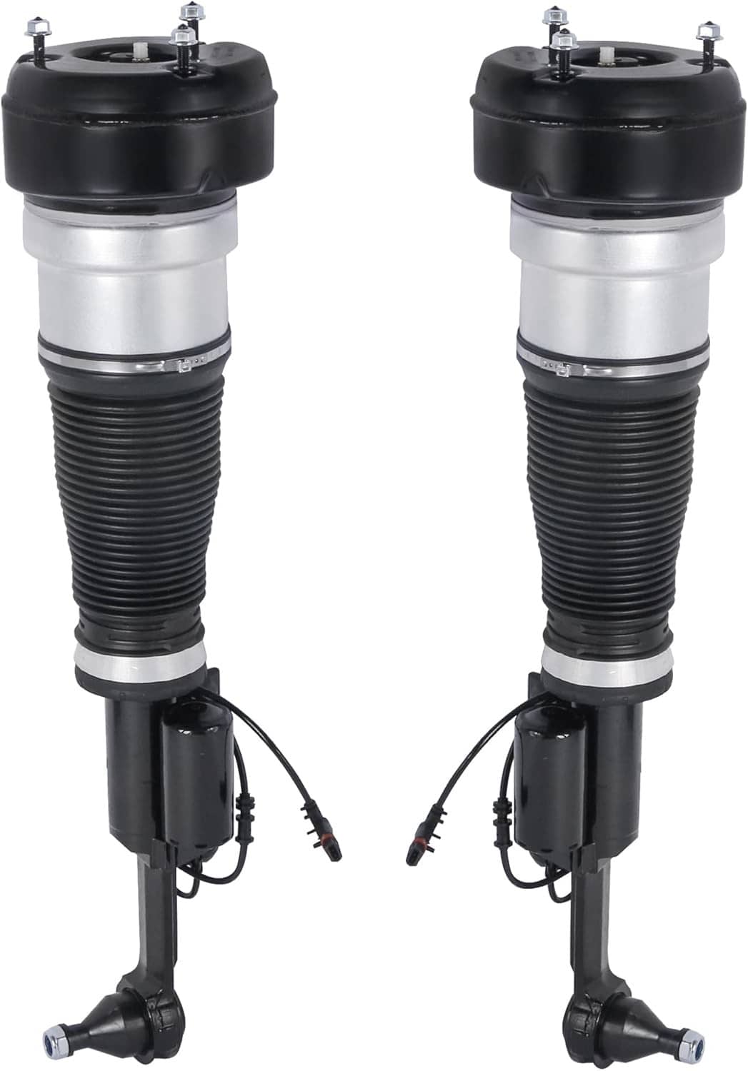 Pair of front air suspension struts with black rubber boots and coiled springs