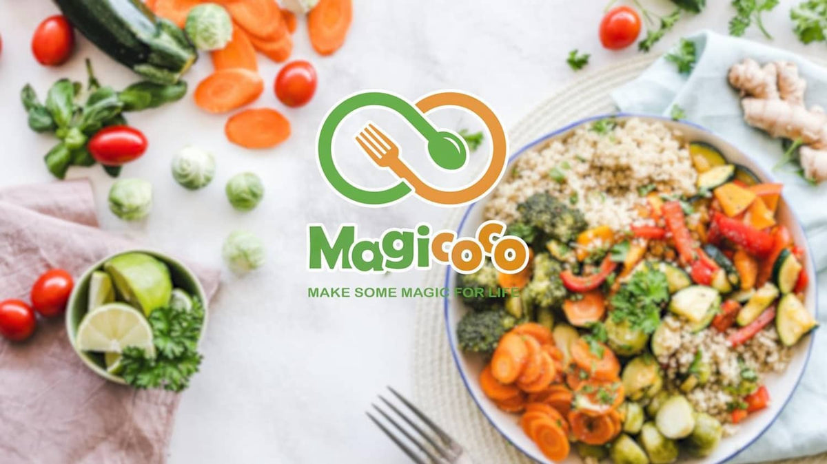 MagicFoo logo with fork and spoon over a bowl of colorful food