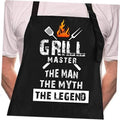 Black chef apron with flaming Grill Master logo and slogan text, front view