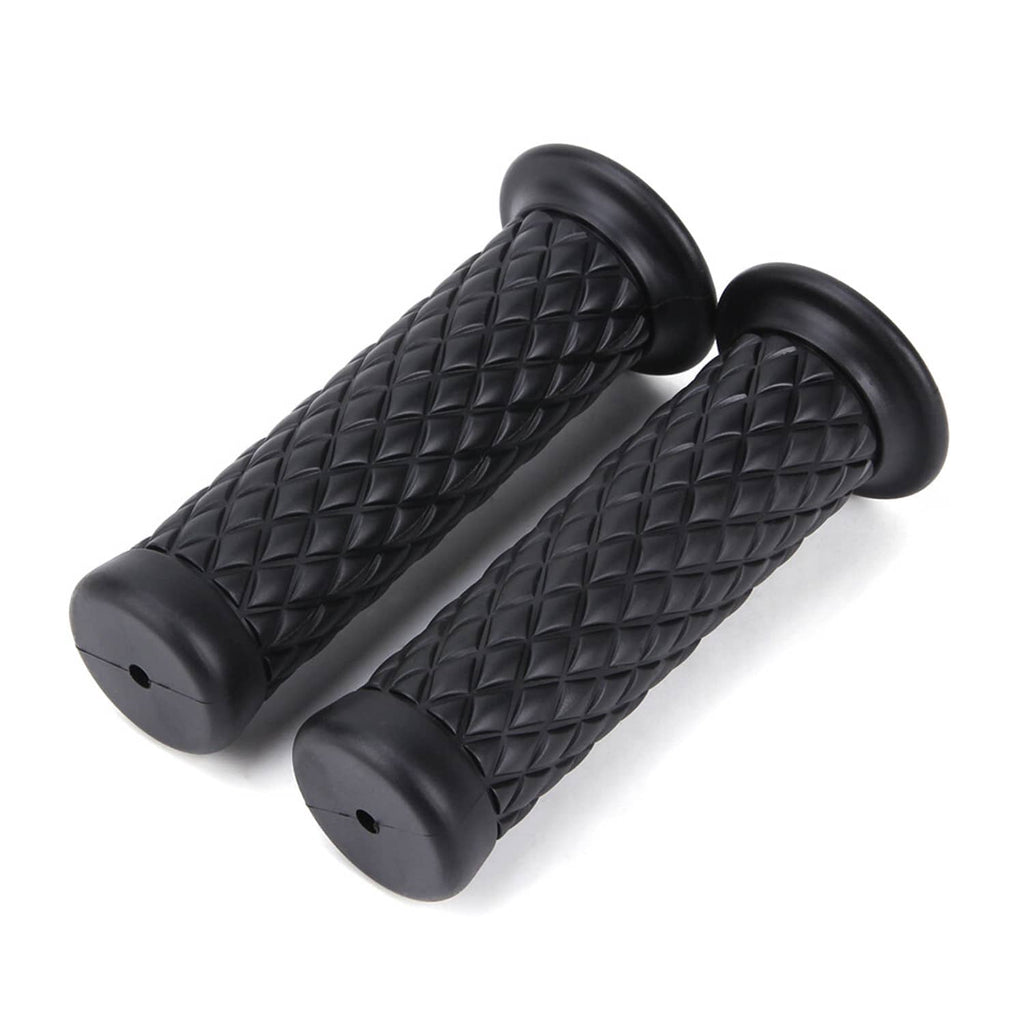 Pair of black motorcycle handlebar grips with diamond-texture gel and bar-end caps