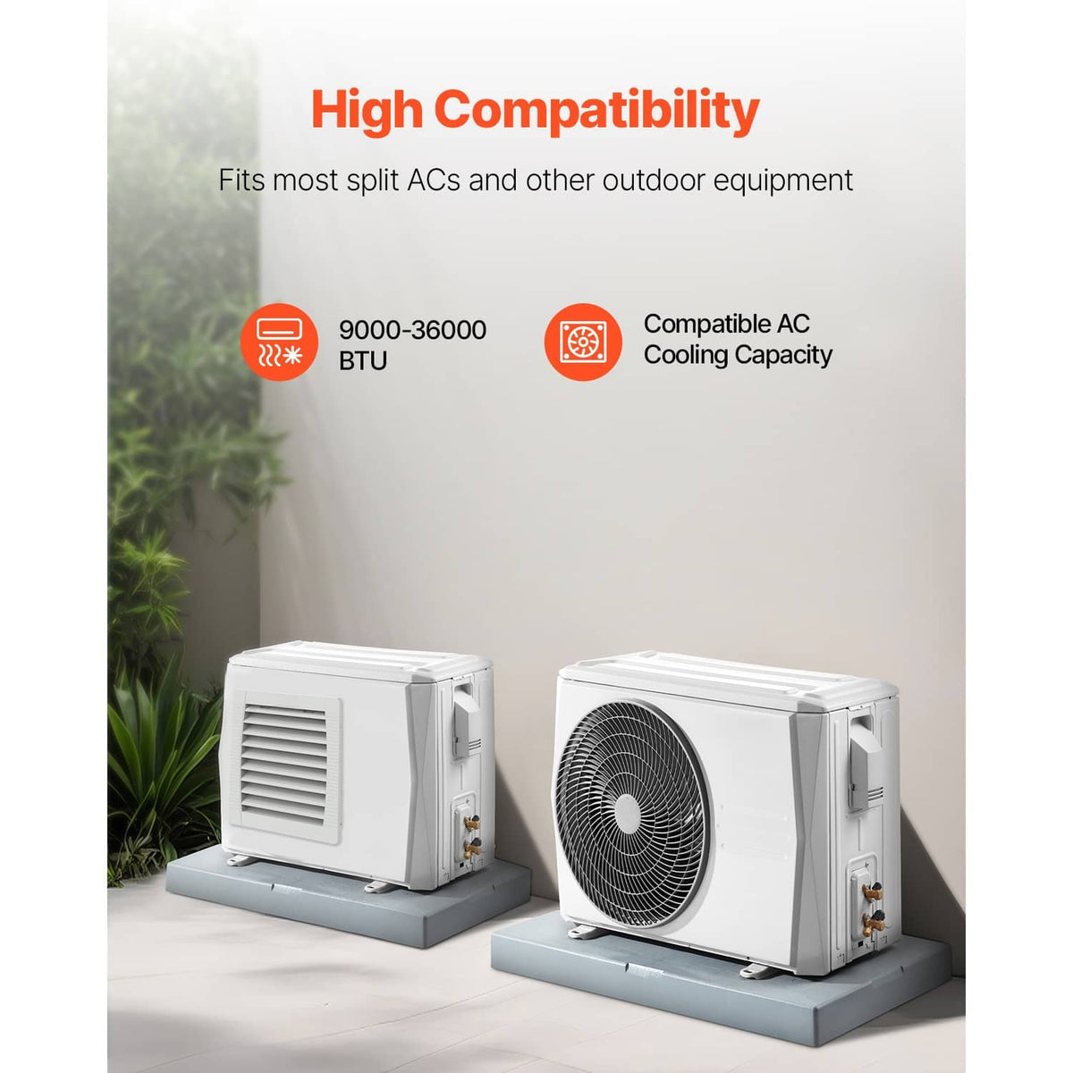 Gray outdoor mini split anti-vibration pad beneath two AC condenser units