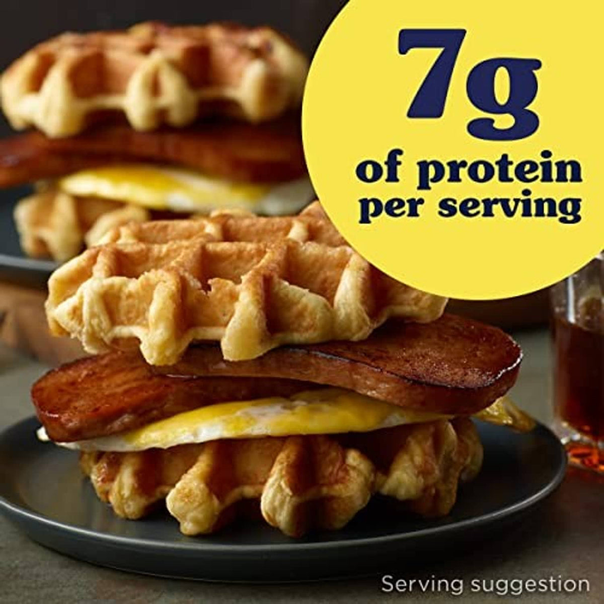 Maple-flavored luncheon meat pieces on plate, badge: 7g protein per serving
