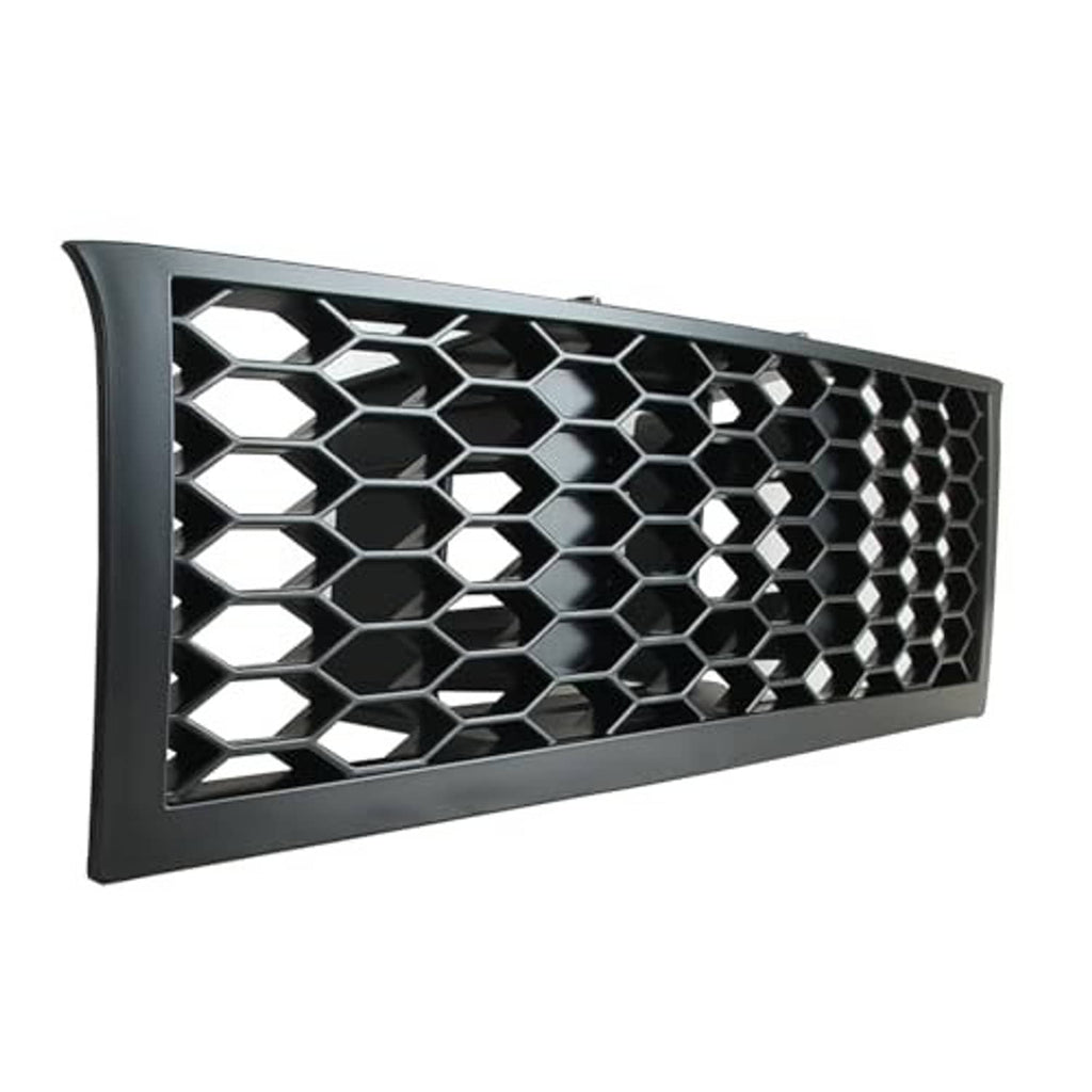 Rectangular side view of black honeycomb mesh grille with silver-edged hex cells