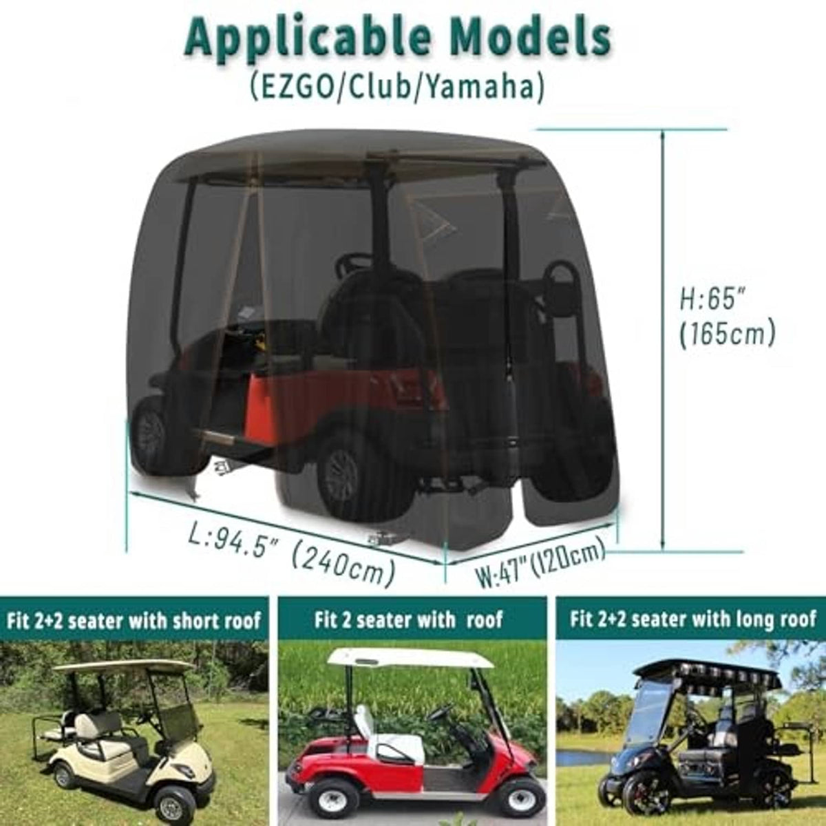 Black golf cart cover with adjustable fit for short or long roof models, enclosed