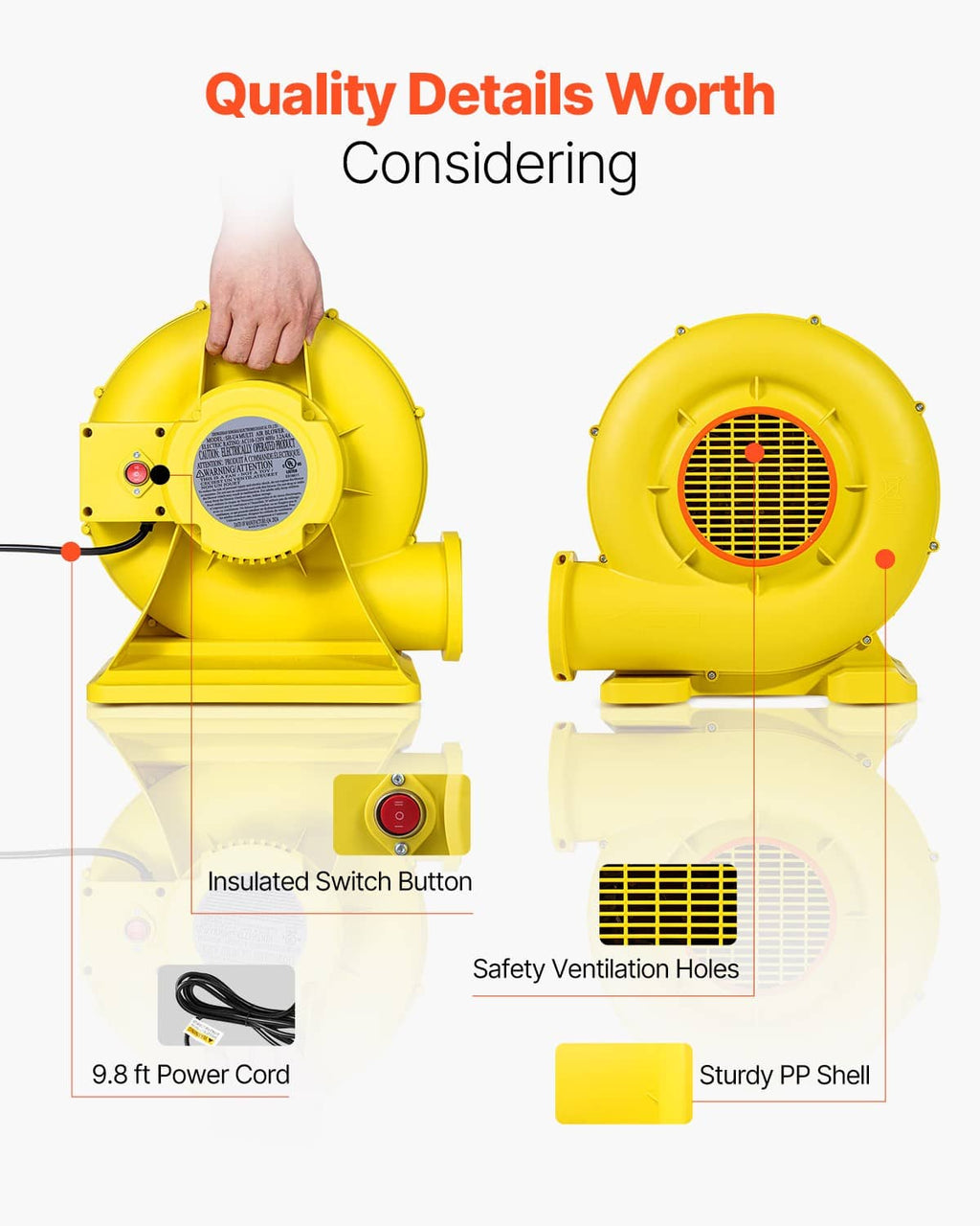 Yellow blower with safety vent holes and control buttons on front housing
