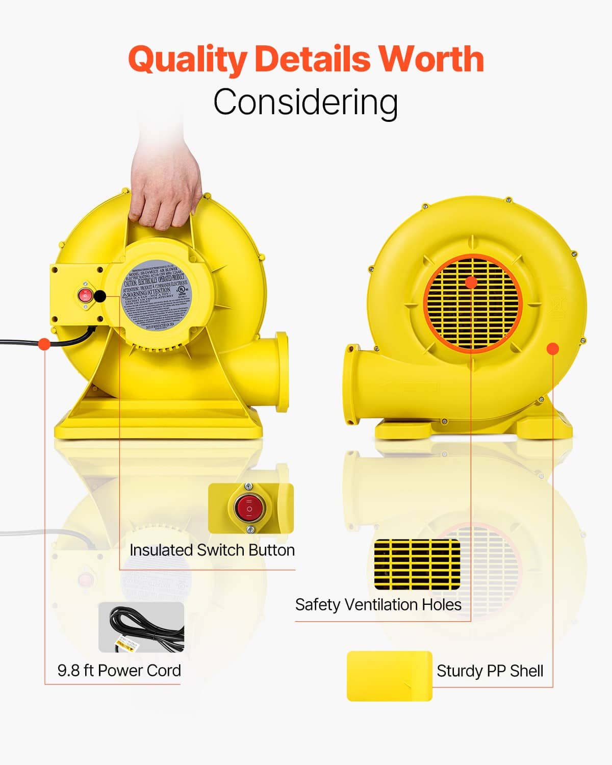 Yellow blower with safety vent holes and control buttons on front housing