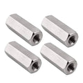 Set of 4 stainless metric hex coupling nuts, M10 threaded hole, silver finish