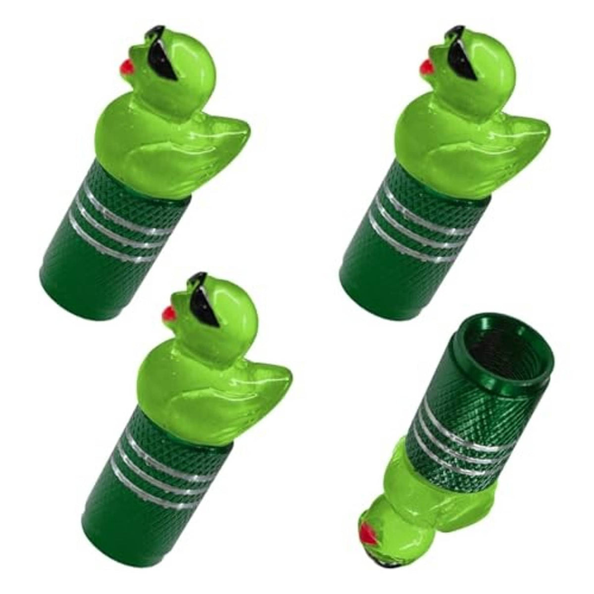 Green duck-shaped tire valve stem cap, side view with ridged grip and black opening