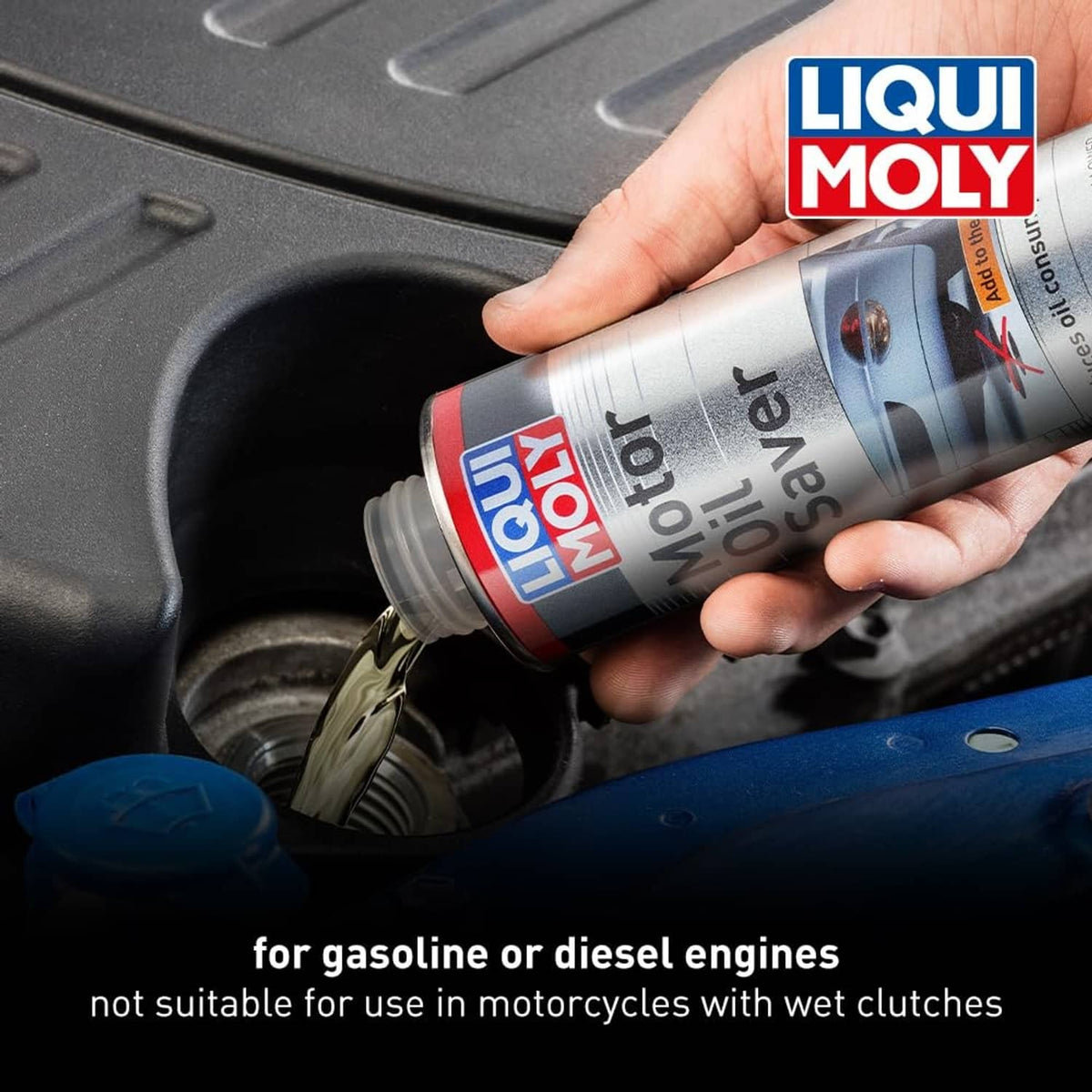 Hand holding Liqui Moly Motor Oil Saver 300 ml bottle near engine bay