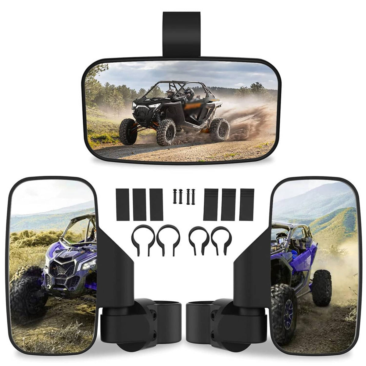 UTV mirror set showing center mirror and two side mirrors with black brackets and mounting pieces