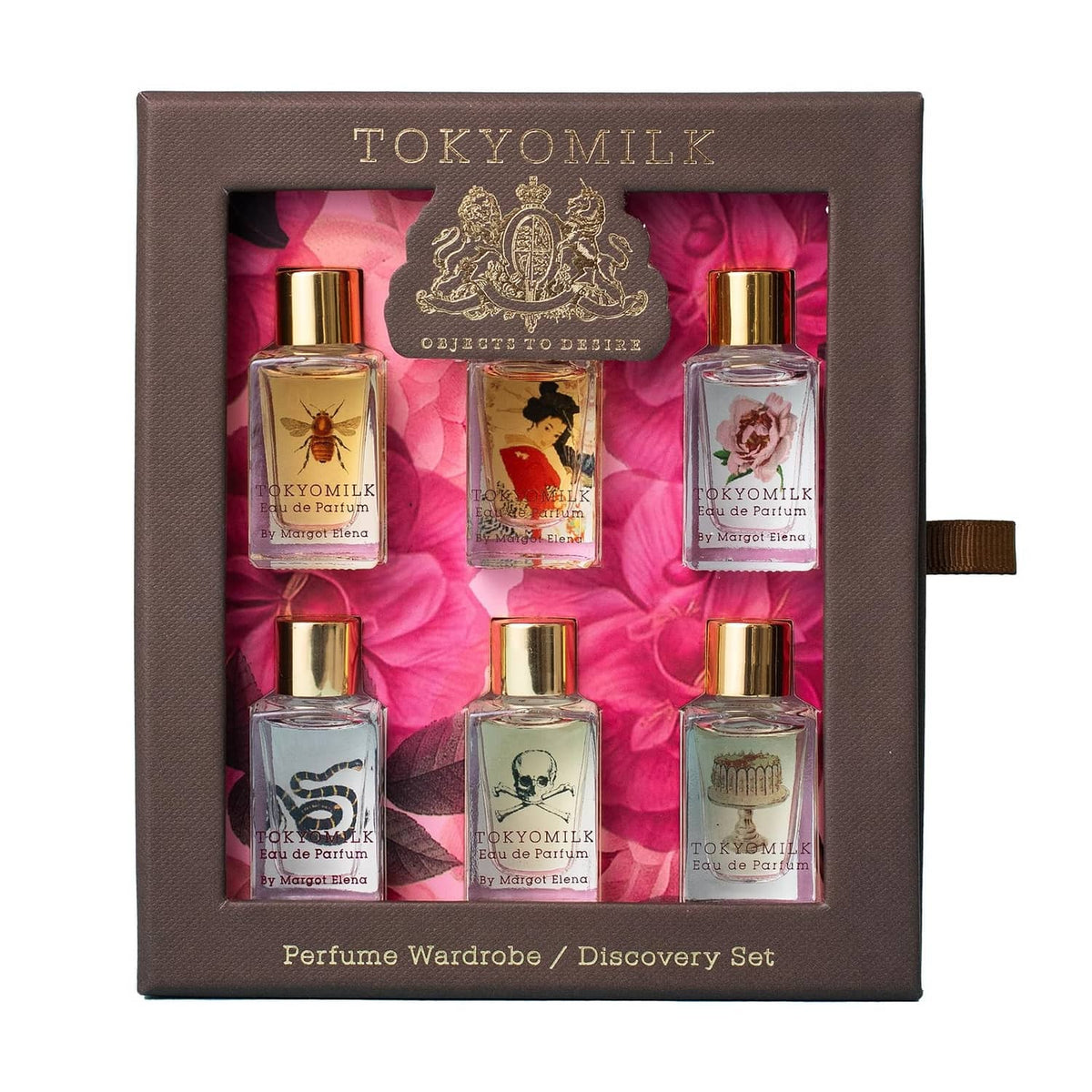 TOKYOMILK perfume wardrobe discovery set in brown box with six mini eau de parfum bottles