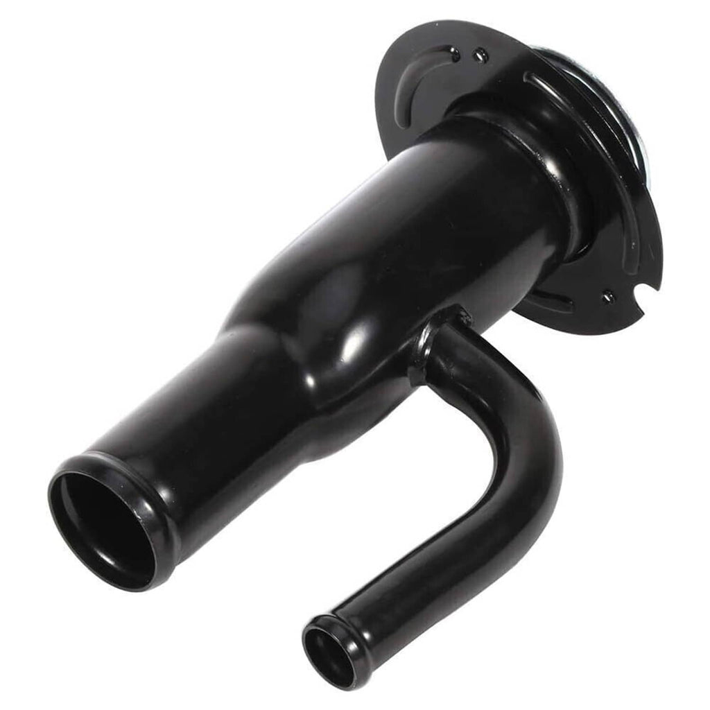Fuel tank filler neck pipe assembly, black metal with mounting flange and curved hose section