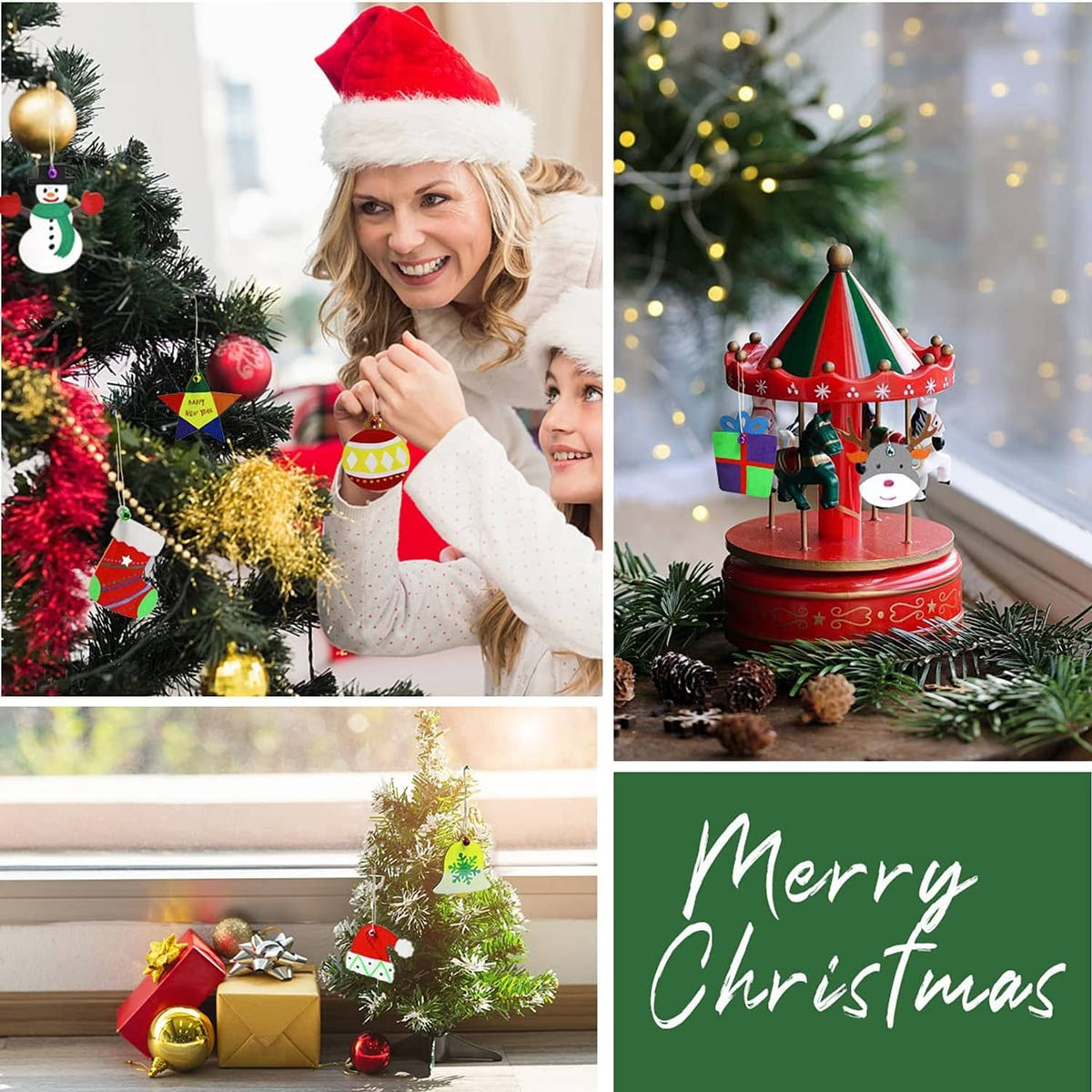 Decorated Christmas tree with hanging wooden ornaments and small themed figures in red