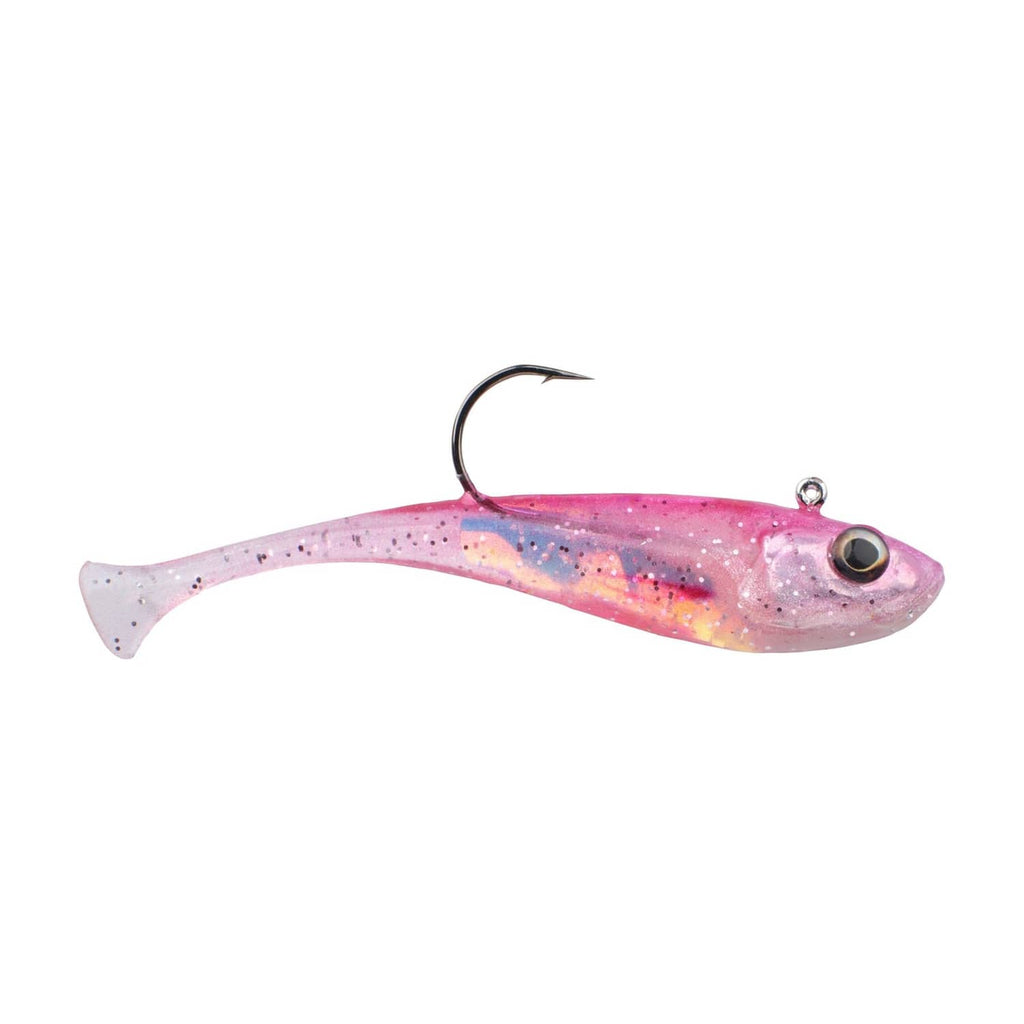 Berkley Powerbait soft plastic fishing lure, pink and translucent with treble hook