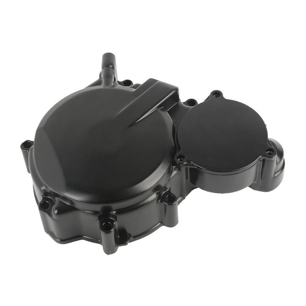Black aluminum engine cover with round cap and mounting tabs