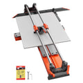 Manual tile cutter with orange spring base and sliding scoring head, two guide rails