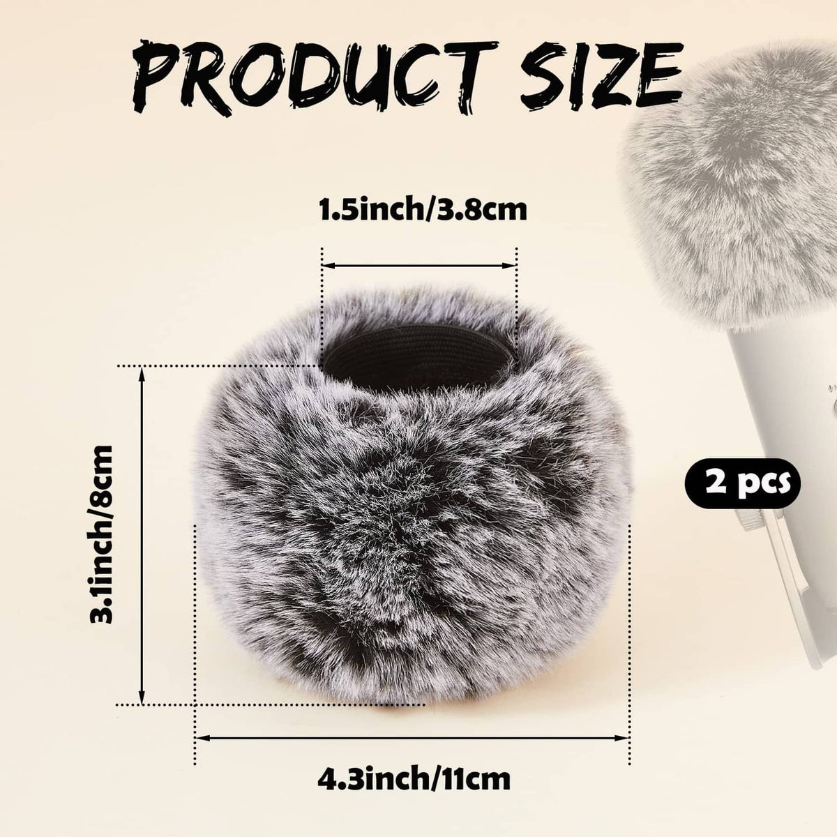 Grey furry microphone windscreen, shown with 2-pack size guide