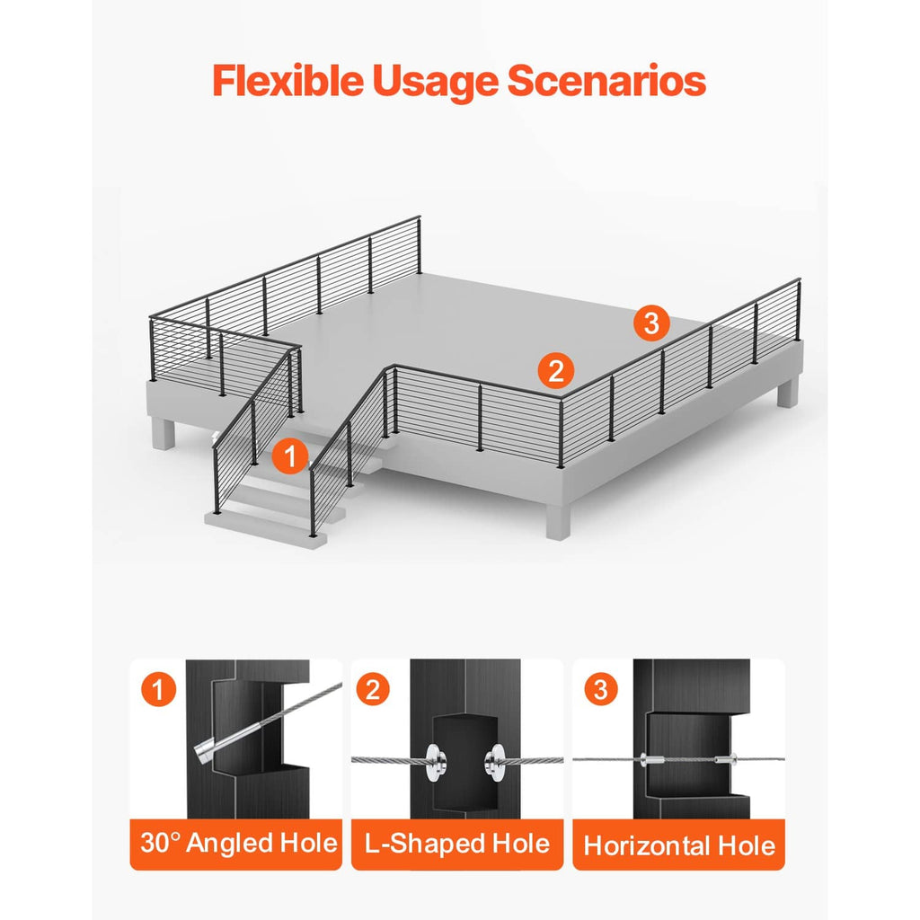 Cable railing post with angled, L-shaped, and horizontal drilled hole options