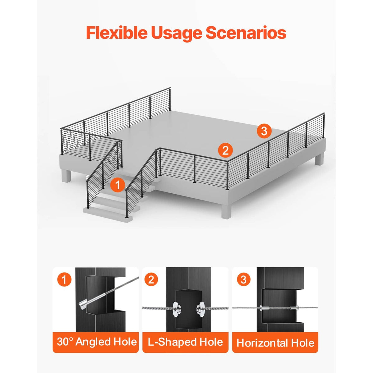 Cable railing post with angled, L-shaped, and horizontal drilled hole options