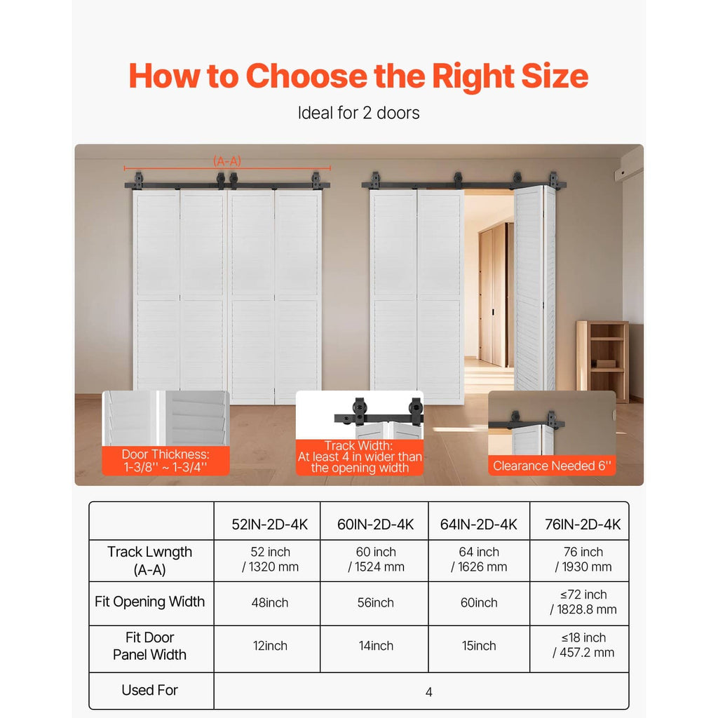 Bi-fold sliding barn door hardware track with four white door panels and mounting brackets