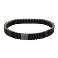 Black drive belt with toothed ribs and printed part code label