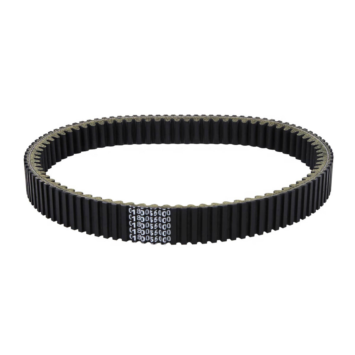 Black drive belt with toothed ribs and printed part code label