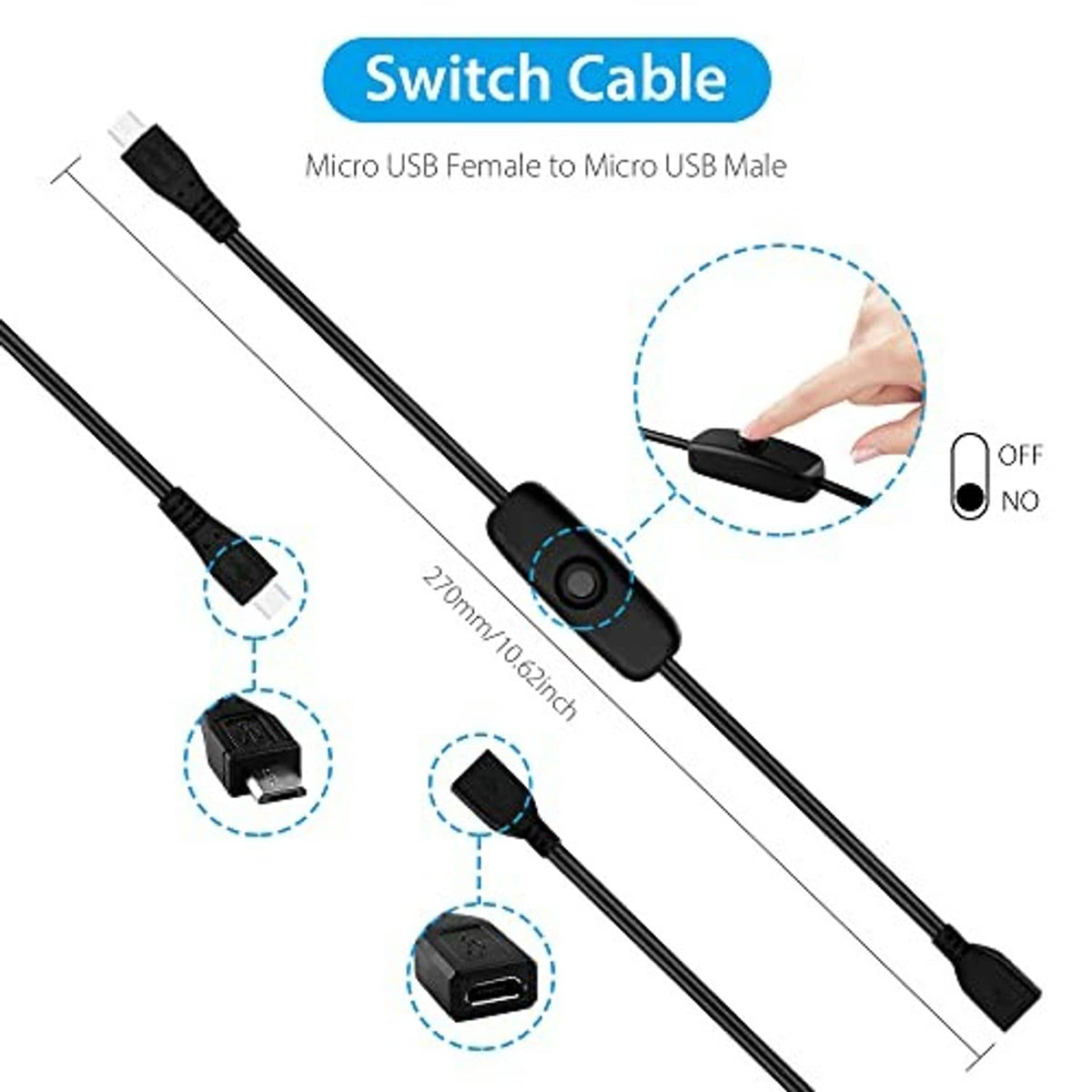 Micro USB switch cable with inline power switch for connected devices