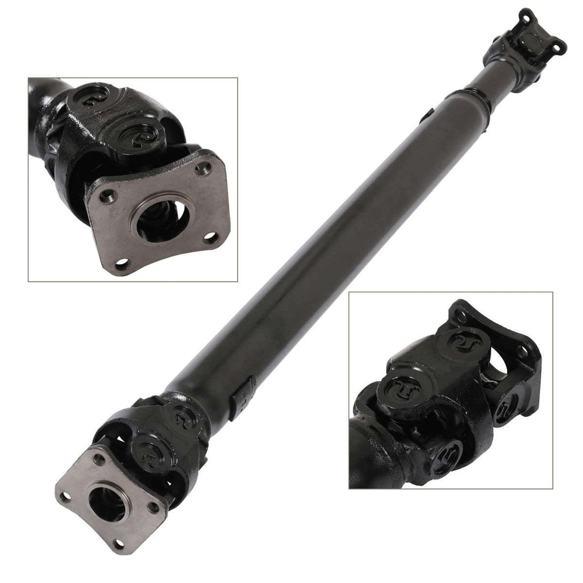 Rear drive shaft assembly with two universal joints and black steel tube, angled view