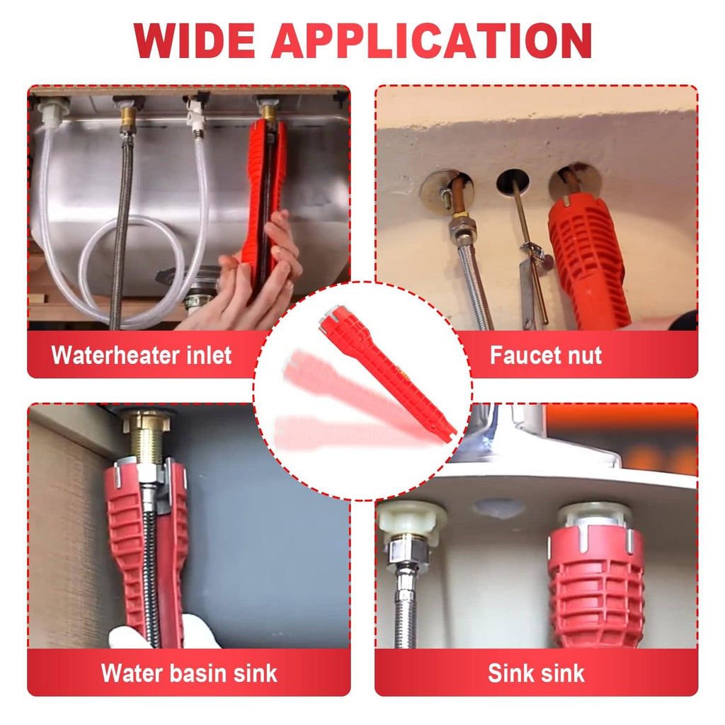 Red faucet and sink installer tool shown for faucet nut and sink basin use