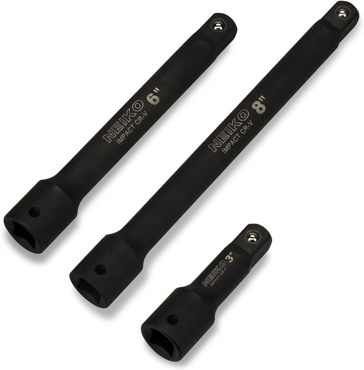 Black impact socket extension bars, 1/2" drive, 6" and 8" lengths