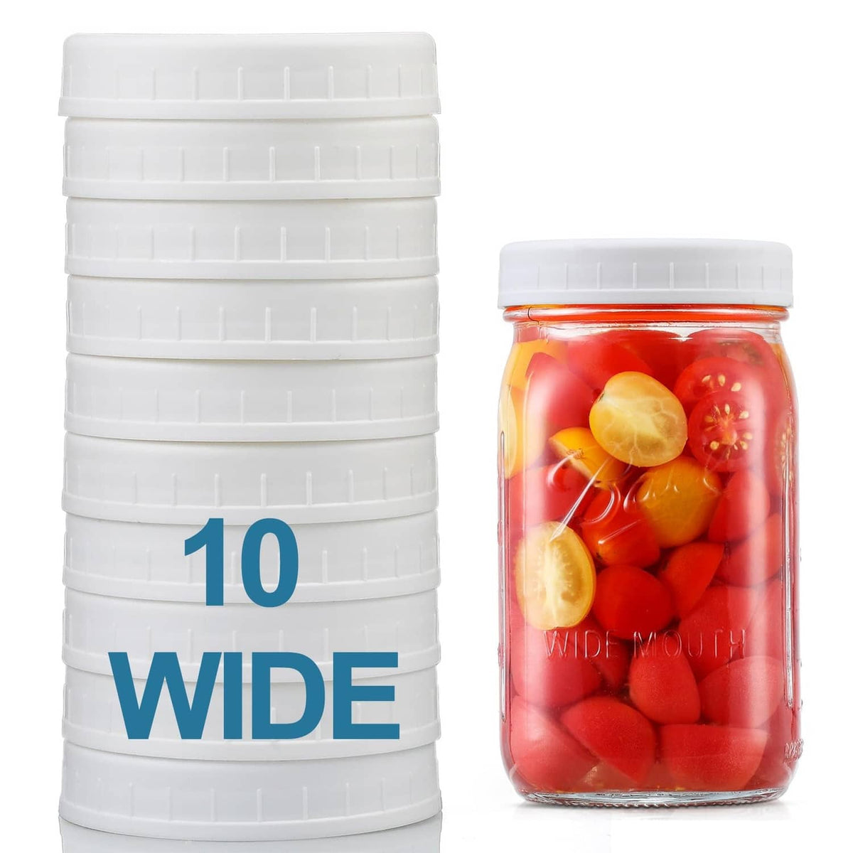 Wide-mouth mason jar lids, white plastic, ribbed grip rims (10 pack)
