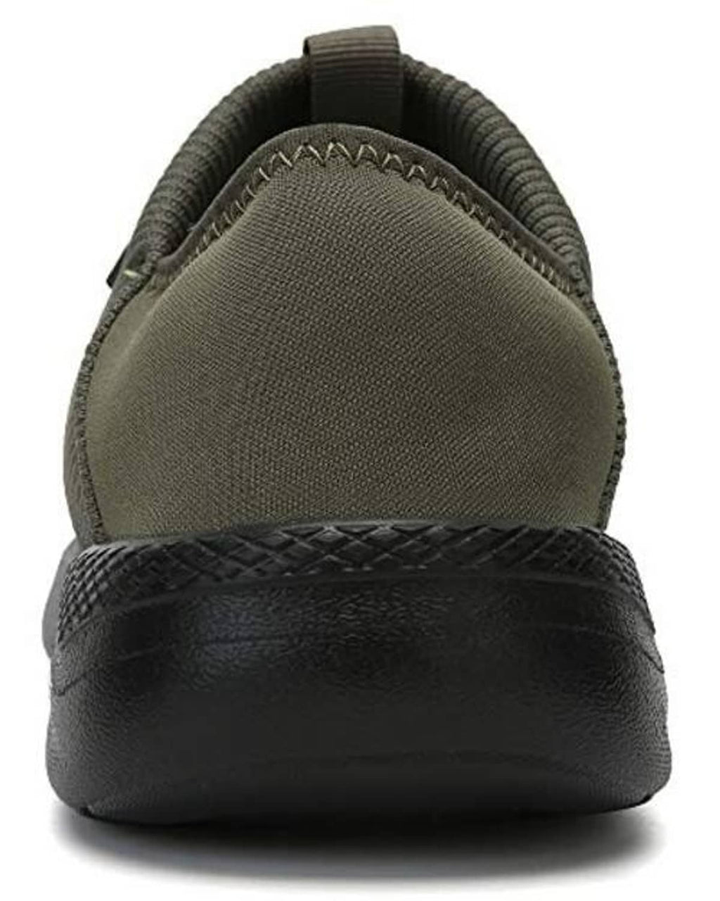 Army green slipper with quilted upper, ribbed collar, and black rounded heel panel